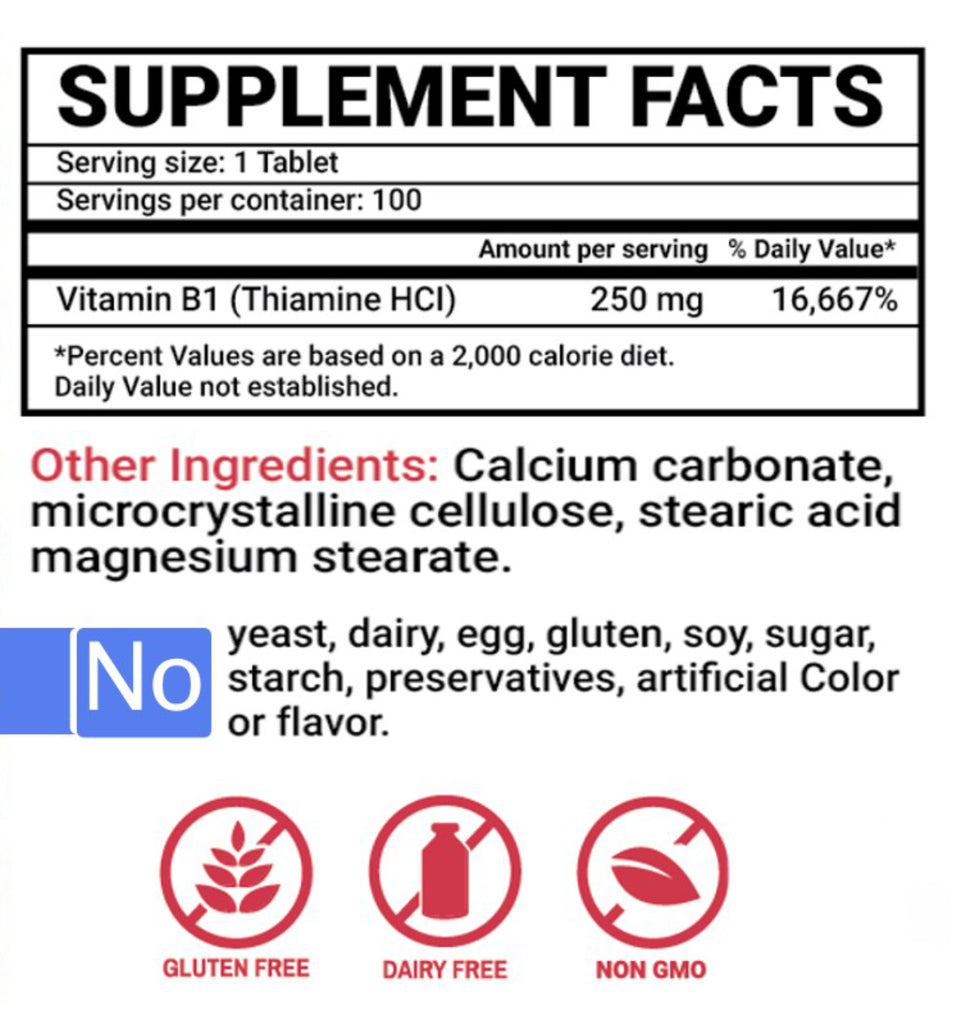 Vitamin B1 (Thiamine) 250mg, Tablets - Vites.com
