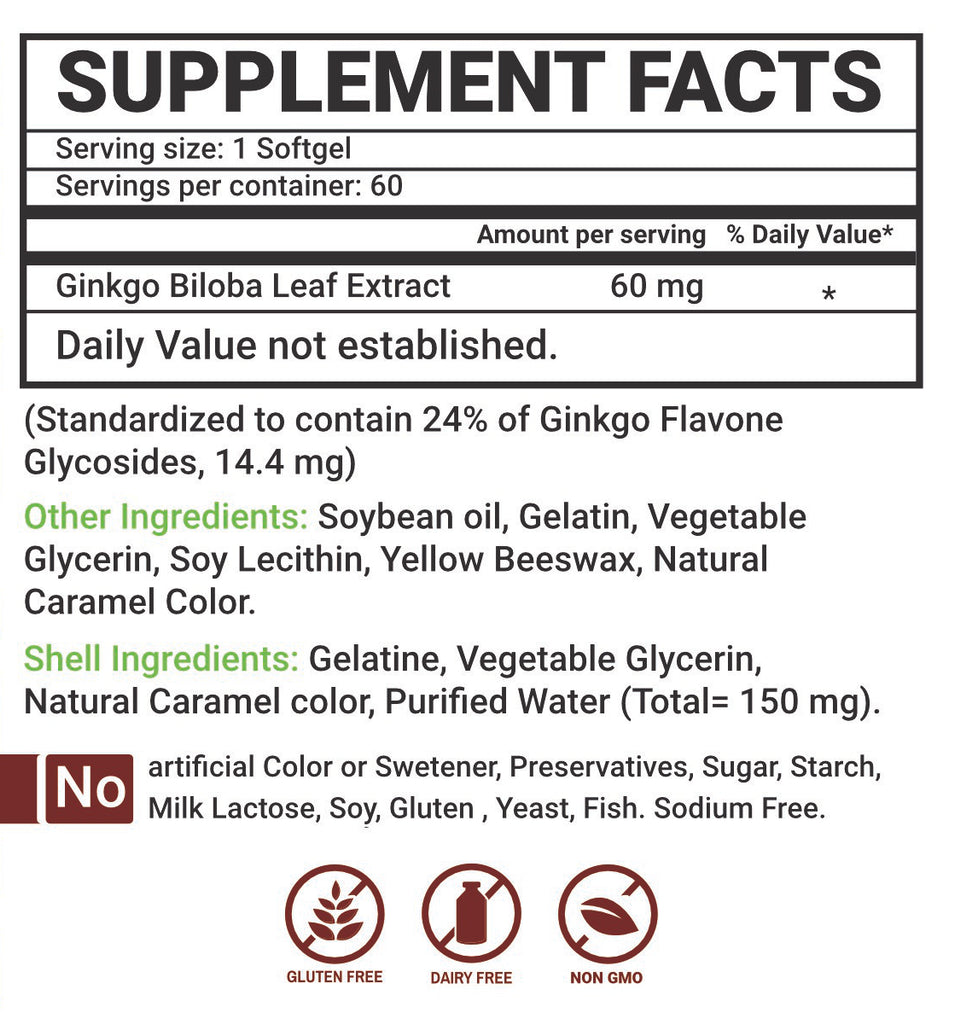 Ginkgo Biloba 60mg, 60 Softgels - Vites.com