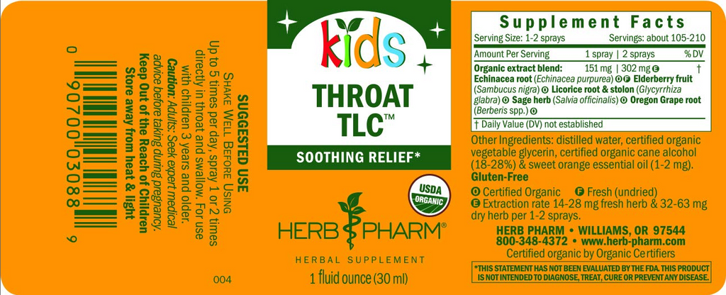Kids Certified-Organic Alcohol-Free Throat TLC Herbal Spray, 1 Ounce ,Herb Pharm - Vites.com